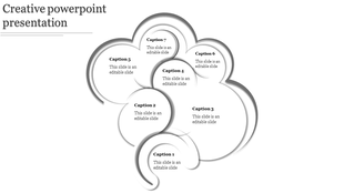 Cloud shaped design in gray gradient with seven captions inside circular sections arranged in a layered layout.