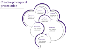 Purple cloud layout with seven overlapping circles, each containing captions, forming a creative presentation design.