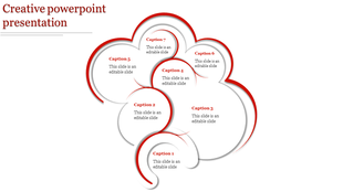 Creative slide layout showing overlapping white circles with red borders and shadows, housing seven captions.