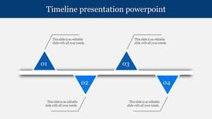 Timeline presentation template featuring blue triangular milestones with placeholder text.