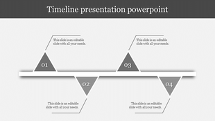 Gray themed timeline with four triangular markers on a horizontal bar, connecting captions symmetrically with lines.