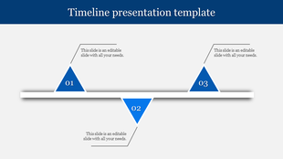 Blue themed timeline template with three triangular markers along a horizontal bar, connecting captions with simple lines.