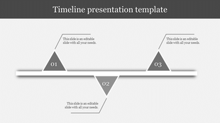 Simple grey timeline with triangular markers (O1, O2, O3) spaced across a white line, each with a caption areas.