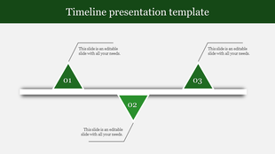 Timeline presentation template featuring green triangular milestones with placeholder text.