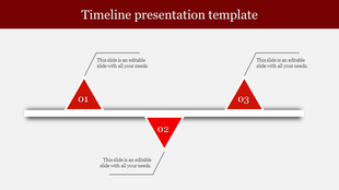 Timeline presentation template featuring red triangular milestones with placeholder text.