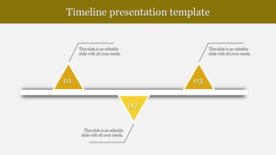 Timeline slide with three yellow triangles placed on a horizontal bar, each linked to captions for clarity.