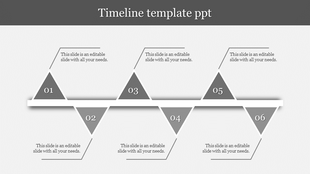 Horizontal timeline with alternating gray colored triangles above and below center line with caption areas.