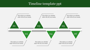 Timeline PowerPoint slide featuring six green triangles arranged horizontally with captions.