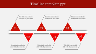Timeline PowerPoint slide with six triangular milestones and numbered captions with placeholder text.