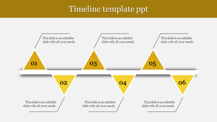 Yellow themed timeline with six triangular markers on a horizontal bar, connecting captions symmetrically with lines.
