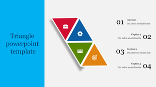 Colorful triangle layout with red, blue, green, and orange sections, icons inside, with captions and numbers on the right.