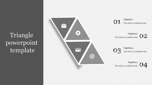Gray triangle segments with icons, text descriptions numbered 01 to 04 on the right, and a title on the left panel.