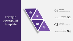 Triangular layout with four purple segments, each containing an icon and numbered captions on the right side.