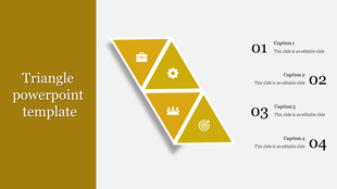 Yellow triangle PowerPoint template with icons for business, settings, people, target, and growth with captions.