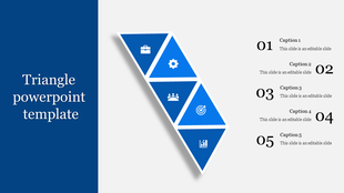 Modern triangular process diagram in blue with four sections, each containing a business icon, aligned with caption areas.