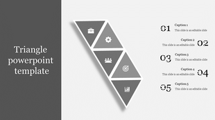 PPT slide with gray triangular sections containing icons for briefcase, gear, people, target, and graph with captions.