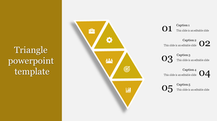 Modern triangular process diagram with five sections, each containing a business-related icon, aligned with caption areas.