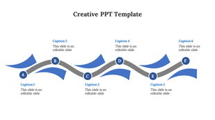 Creative slide with a wavy gray line connecting six blue circles labeled A to F, each paired with captions.