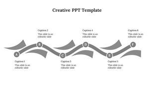 Slide design showcasing a zigzag layout with six connected gray nodes labeled A to F and descriptive captions.