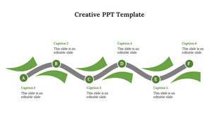 Creative PPT template with six sections linked by green arrows representing a flow with captions.