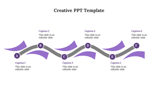 Creative process diagram with a zigzagging gray path linking six purple circles, each accompanied by a caption.