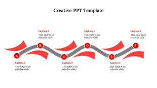 Creative template with six red circles labeled A to F, connected by a gray line, paired with captions.