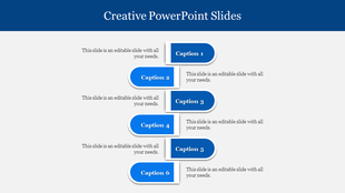 Creative slide template with six stacked blue banners, each labeled with caption and connected in a sequential layout.