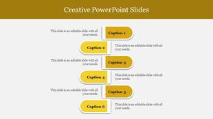 Six-step creative process infographic with bold yellow title blocks and supporting descriptions,  in a staggered order.