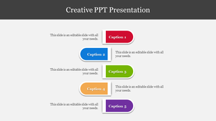 Creative template featuring five staggered step banners, each with a distinct color and aligned captions areas.