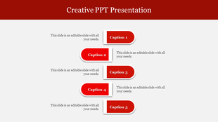 Creative PowerPoint presentation slide with five red, rounded caption sections, each labeled from Caption 1 to 5 with text.