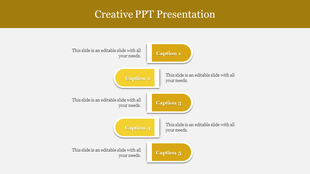 Creative PowerPoint slide with five yellow caption sections arranged vertically, with descriptions beneath each.