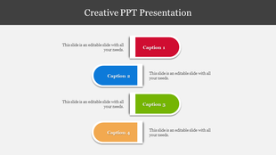 Creative slide with four rounded rectangles in red, blue, green, and orange, arranged alternately with captions.