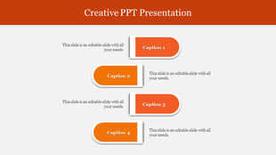 Creative PowerPoint template with four orange colored caption boxes, each featuring text sections.