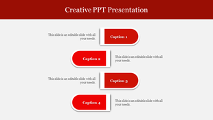 Red themed creative template featuring four numbered captions, aligned alternately with descriptive text.