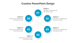 Creative design template with six blue circular nodes, numbered 01 to 06, arranged radially and connected by thin lines.