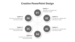 Creative PowerPoint design with six circular sections, each labeled with a caption and numbered from 1 to 6.