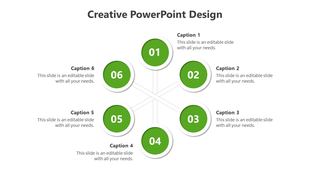 Creative design with six green circular nodes, numbered 01 to 06, arranged radially and connected by thin lines.