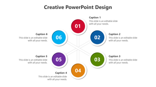 Creative infographic slide with a six-node design, structured around a central hub, visually linking each numbered step.