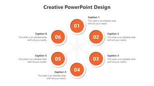 Creative design with six numbered circles arranged in a central hub-and-spoke layout, each with a caption areas.