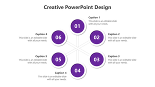 Circular purple nodes labeled 01 to 06, connected with lines, each paired with captions, on a white background.