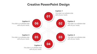 Creative PowerPoint design with six numbered red circles connected by lines, each containing a caption.