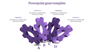 Purple gear illustration, depicting interconnected gears labeled A to D, with text placeholders for descriptions.