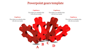 PowerPoint gears template with four large red gears labeled A, B, C, and D, featuring captions.