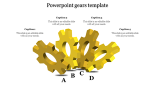 A cluster of four yellow 3D gears, labeled A to D, each paired with captions on a clean white background.