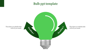 Green light bulb illustration surrounded by two curved arrows, each marked with sequential headings.