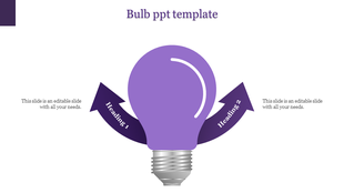 PowerPoint template with two arrows pointing to Headings 1 and 2 around a purple lightbulb with placeholder text.