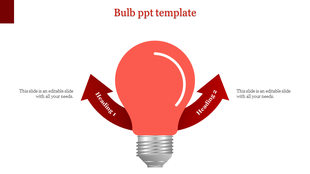 Infographic of a red light bulb with arrows representing two labeled headings, placed symmetrically around it.