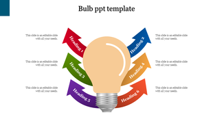 Light bulb PowerPoint slide with six colorful arrows around it for highlighting key points or ideas.