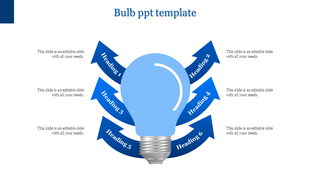 Slide with a blue bulb and six labeled arrows emphasizing different aspects of an idea or strategic plan.