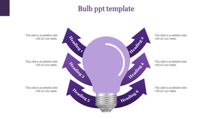 Purple light bulb infographic with six curved arrows in purple, each labeled with a heading and pointing outward.